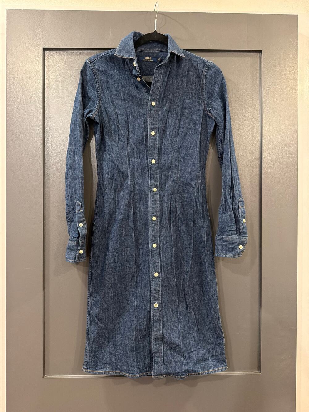 POLO RALPH LAUREN Denim Shirt Dress Dark Wash Button Up Long Sleeve Size 0